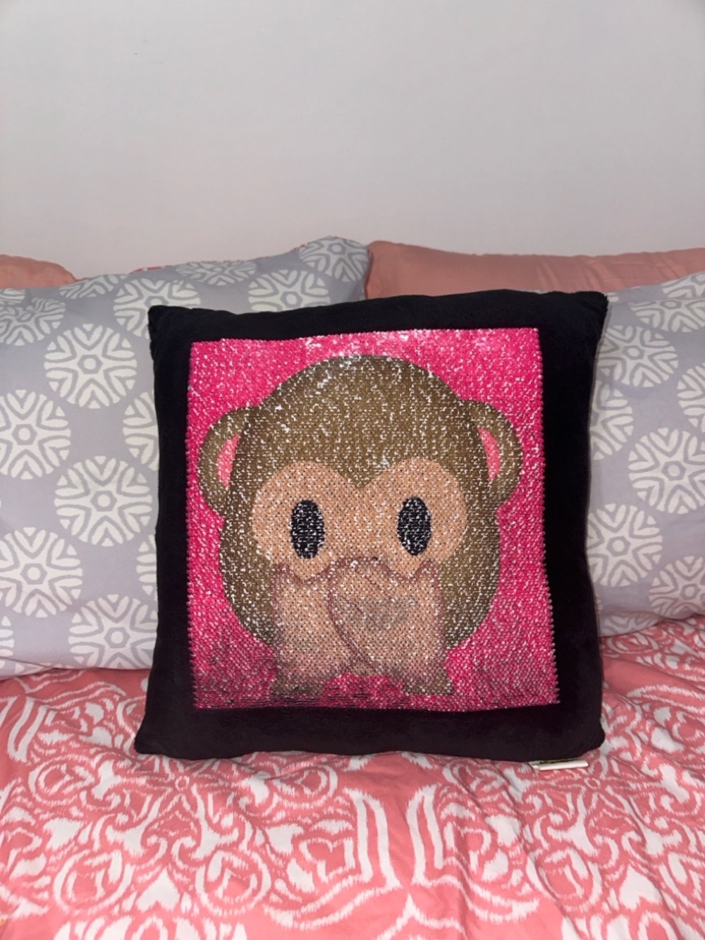 Reversible Sequin Monkey Emoji Throw Pillow